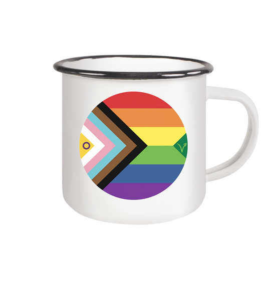 Vegan & Eco Emaille Tasse: LGBTQAI+ VEGAN (LGBTQAI / QUEER Fahne in Kreisoptik und rechts in einem Dreieck ein hellgrünes V für vegan)