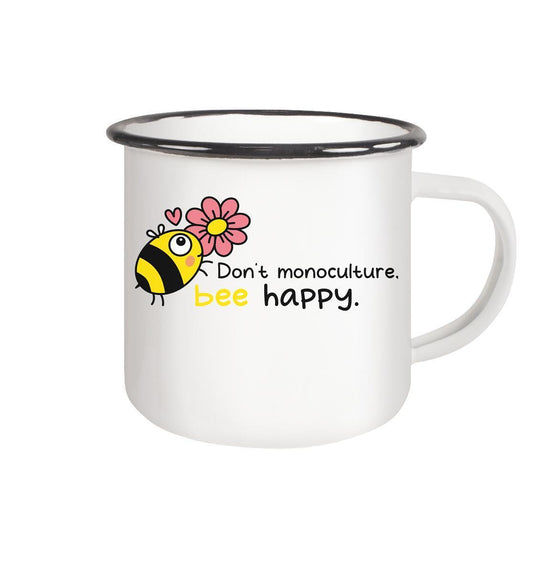 Vegan und Öko Emaille Tasse: Save the bees, weiße Tasse mit Bienen- und Blumenmotiv, schwarzem Rand, handgespült, 300 ml Fassungsvermögen, setzt Zeichen für Insektenschutz.