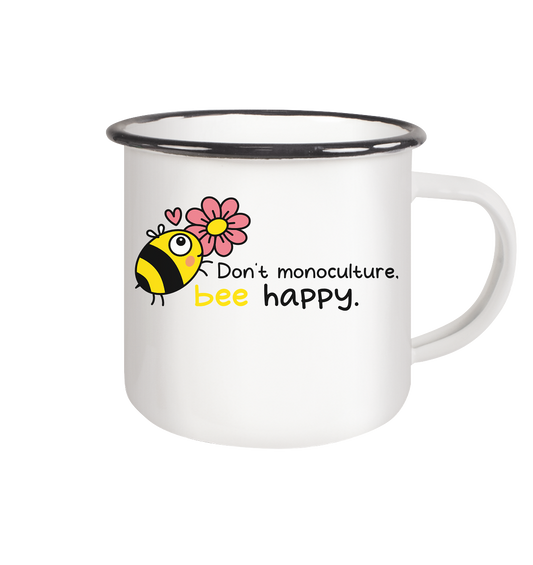 Vegan & Eco Emaille Tasse: Save the bees (bedruckt mit süßer Biene im Comic Stil, kleinem rosa Herz und Blume, Schriftzug, Vegan Merch, Insektenschutz, Rettet die Bienen, Wildbienen schützen, Tierschutz) in weiß