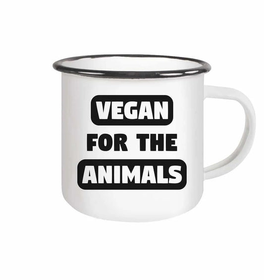 Weiße Emaille-Tasse mit schwarzem Aufdruck „VEGAN FOR THE ANIMALS“