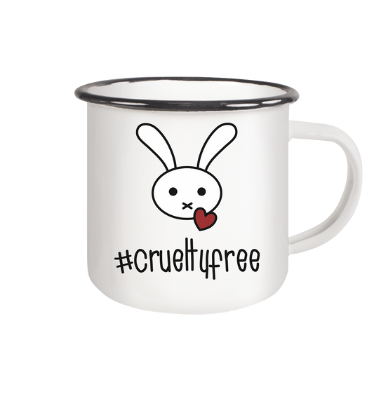 Vegan & Eco Emaille Tasse: Crueltyfree Bunny weißes Häschen mit rotem Herz und Schriftzug, Vegan Merch, gegen Tierversuche in der Kosmetikindustrie)