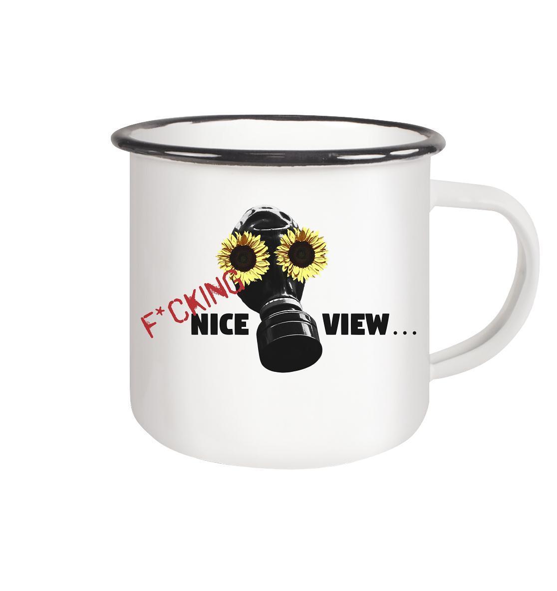 Vegan und Öko Emaille Tasse: Sunflower Mask - F*cking nice view... zeigt Gasmaske mit Sonnenblumen, inspiriert von nachhaltigem Lebensstil, rebellischem Design.