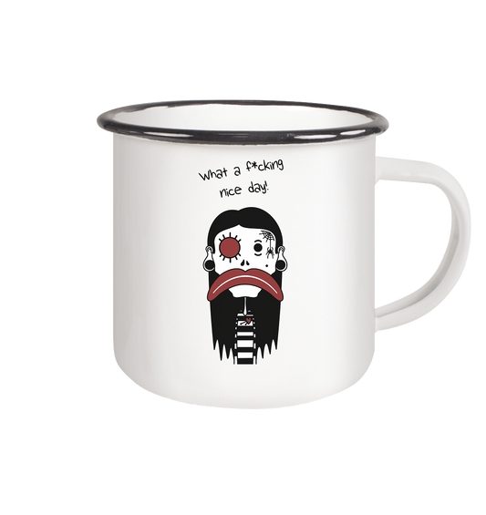 Vegan & Eco Emaille Tasse: Emo Girl im Gothic Style (weiße Trinkflasche mit schwarzem Deckel und integriertem Strohhalm mit Design, schwarz-weiß-rotes Mädchen im Comicstil und Schriftzug, Bettle-Juice, Nightmare before Christmas)