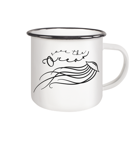 Vegan & Eco Emaille Tasse: Save the Ocean - Minimalist Jellyfish (bedruckt mit filigraner Qualle und Schriftzug in Wellenform, Schutz der Meere und Meereslebewesen)