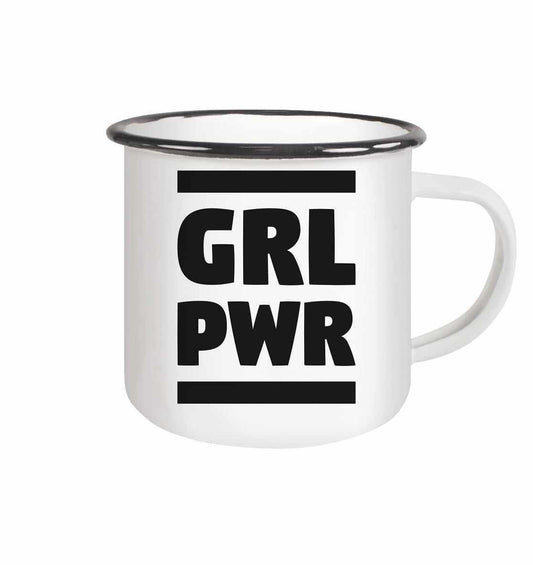 Vegan und Öko Emaille Tasse: GIRL POWER, weiße glänzende Emaille-Tasse mit schwarzem Rand, feministischer Text in Schwarz, umweltfreundlich produziert, für starke Frauen.