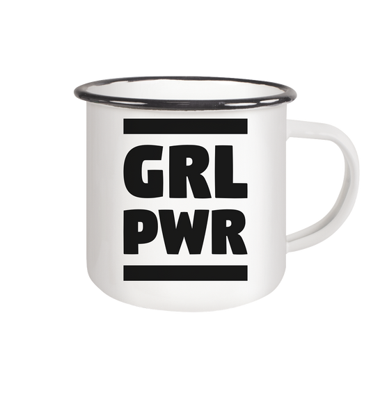 Vegan & Eco Emaille Tasse: GIRL POWER - Design mit feministischer Message (bedruckt mit GIRL POWER ohne Vokale und zwei fette Balken, Feminismus Merch, feministische Prints, feministische Kleidung, Gleichberechtigung für Frauen) in weiß