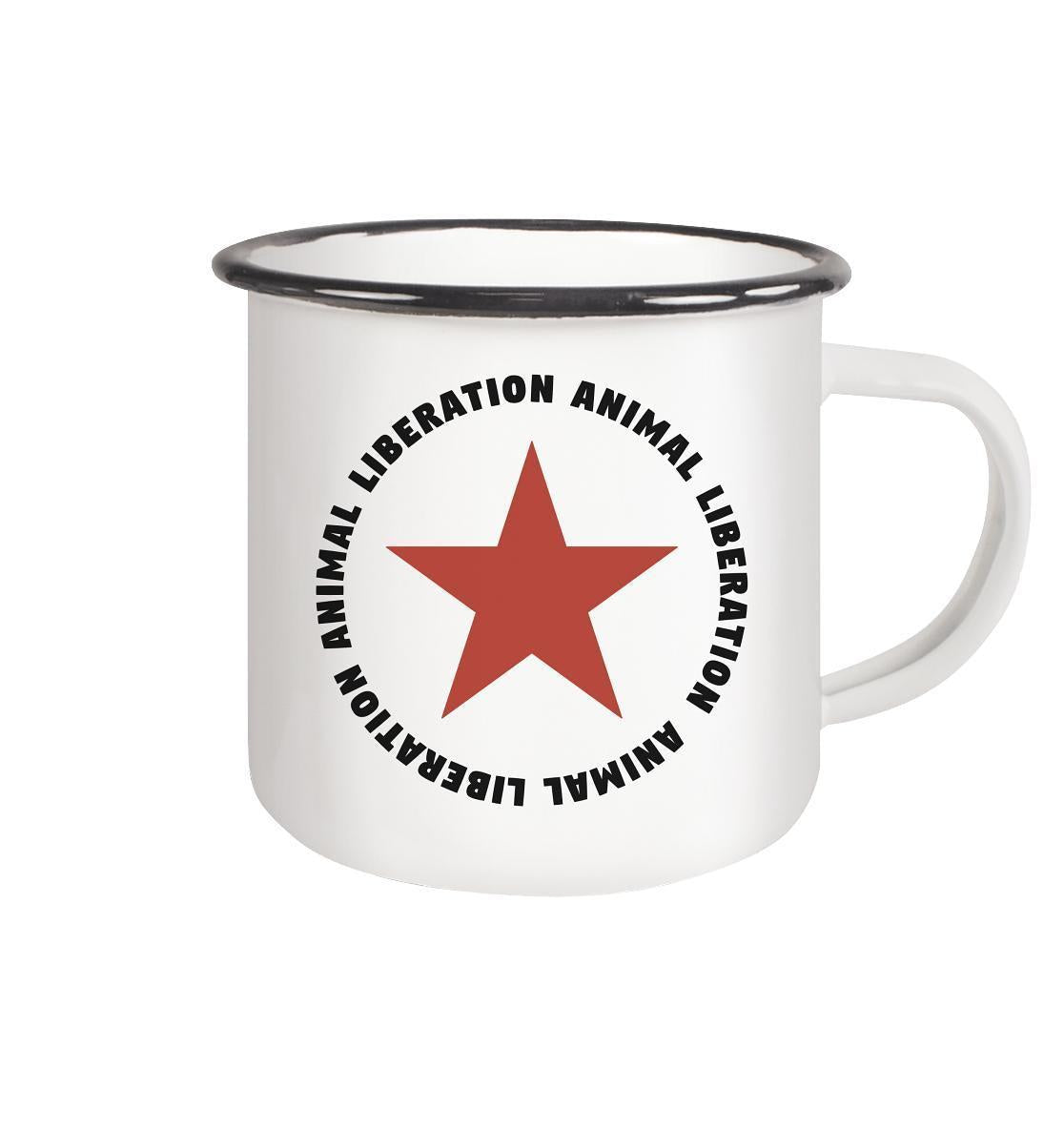 Vegan und Öko Emaille Tasse: Red Star - Animal Liberation, weiße Tasse mit rotem Stern und schwarzem Text, glänzend, schwarzer Rand, handgespült.