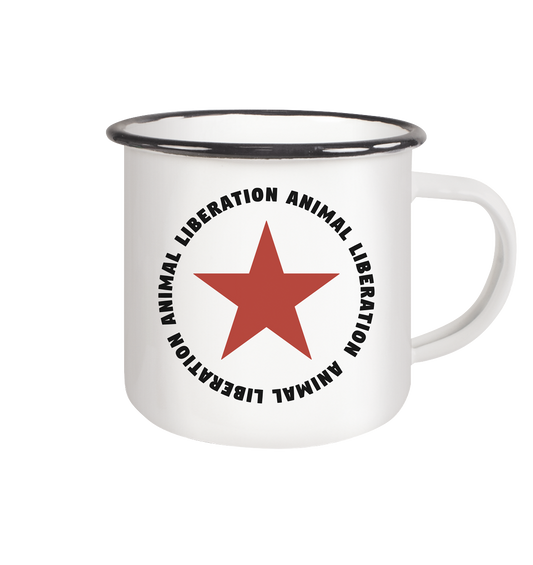 Vegan & Eco Emaille Tasse: Red Star - Animal Liberation (bedruckt mit großem roten Stern und Schriftzug darum, Vegan Merch, Veganismus, Animal Rights) in weiß