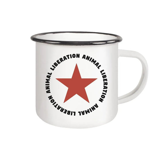 Weiße Emaille-Tasse mit rotem Stern-Logo und schwarzem Text, Metallrand und Henkel