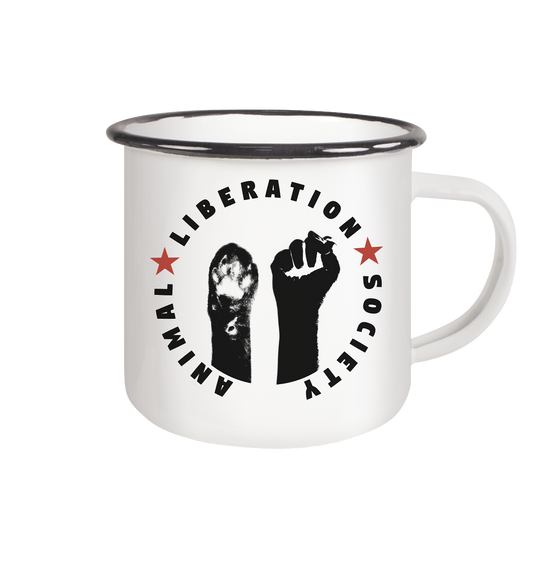 Vegan & Eco Emaille Tasse: Raise paw and fist for Animal Liberation!(bedruckt in schwarz rot, Menschenhand und Katzenpfote, darum Schriftzug und rote Sterne, Tierrechte, Befreiung der Tiere) 