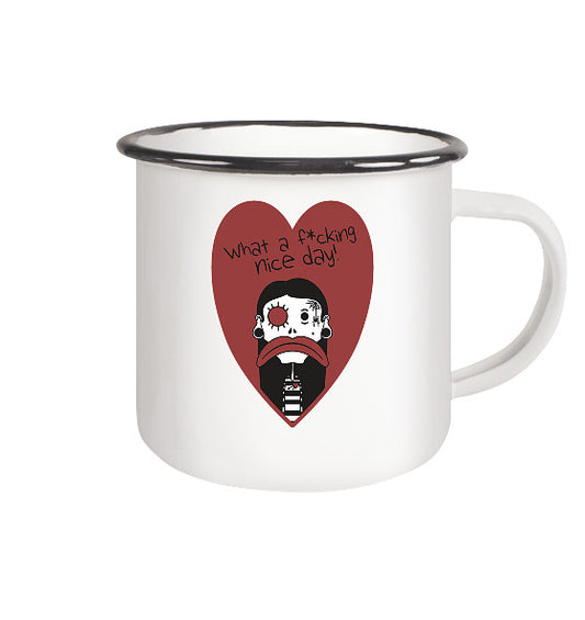 Weiße Emaille-Tasse mit rotem Herz-Print und Gesichtsmotiv, mit Henkel