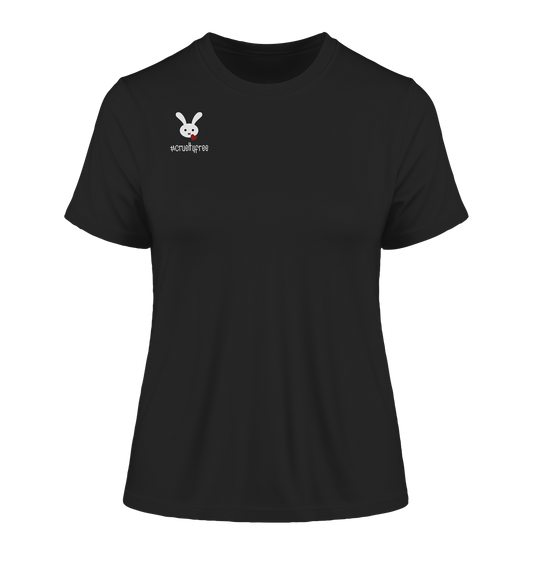 Vegan & Organic Ladies Shirt: Little Crueltyfree Bunny (bedruckt mit süßem Häschen und Herz, minimalistisch in weiß und rot, gegen Tierversuche, Vegan Merch, Veganismus) in schwarz