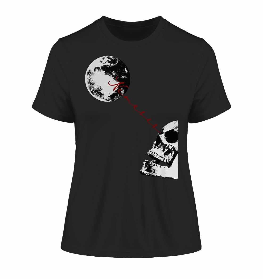 Vegan und Bio Ladies Shirt: Nemesis - Dystopische digitale Collage mit Totenkopf und Mond, aus Bio-Baumwolle, umweltfreundlich und für Fans düsterer Mode.