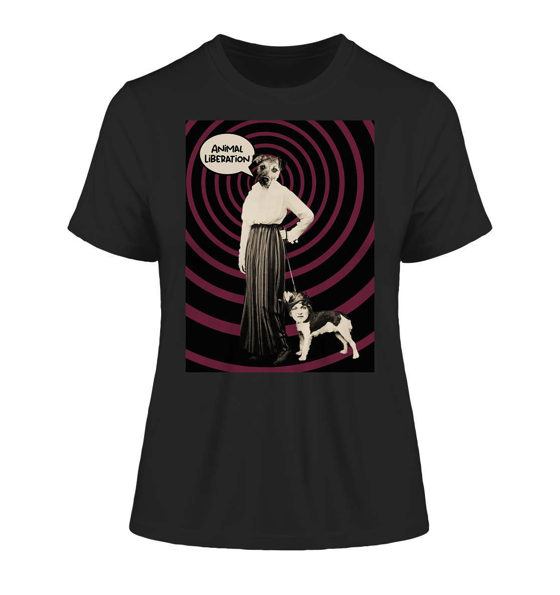 Vegan & Organic Ladies Shirt: Doglady - Animal Liberation (bedruckt mit Frau und Hund an der Leine, aber die Köpfe sind vertauscht, Sprechblase und lila schwarze Spirale im Hintergrund, digitale Collage mit alter Fotografie, Vegan Merch, Veganismus, Tierrechte) in schwarz