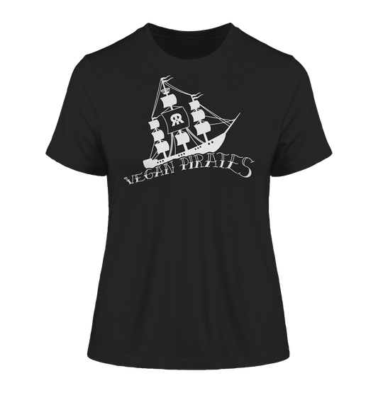 Vegan & Organic Ladies Shirt: We are Vegan Pirates (bedruckt mit Piratenschiff und RUDE REBEL Skull auf dem Segel und Schriftzug als Welle, Oldschool, Vegan Merch) in schwarz