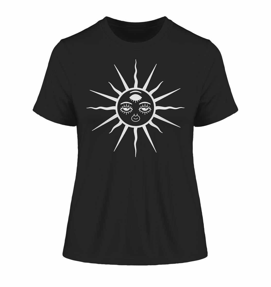 Vegan und Bio Ladies Shirt: The Sun - Third Eye Awakening, schwarzes Shirt mit ethno-inspiriertem Sonnendesign und Gesicht, aus 100% Bio-Baumwolle, ideal für Goa Raves.