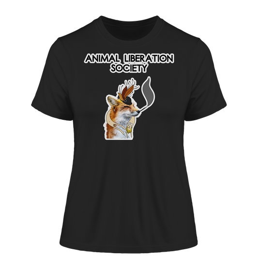 Vegan & Organic Ladies Shirt: Mrs. Fox for Animal Liberation Society (bedruckt mit Fuchs wie eine feien Dame mit Hut und Zigarette, mit Mensch als Stola,  und Schriftzug, gegen Pelz, Tierrechte, Veganismus) in schwarz