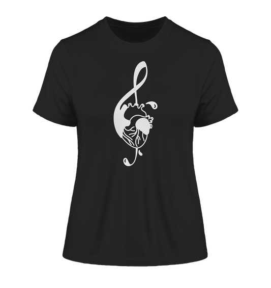 Vegan & Organic Ladies Shirt: Music is Therapy (bedruckt mit Herz und Notenschlüssel, Black and White Oldschool Stil, Shirts für Musikerinnen) in schwarz