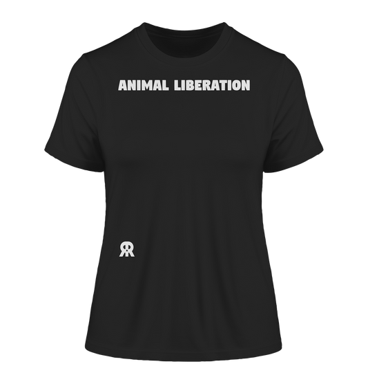 Vegan & Organic Ladies Shirt: Animal Liberation (bedruckt mit fettem Schriftzug oben und Rude Rebel Skull unten, Vegan Merch, Veganismus, Animal Rights) in schwarz