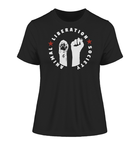 Vegan & Organic Ladies Shirt: We have to raise paw and fist for Animal Liberation! (bedruckt mit Katzenpfote und menschliche Faust, darum Schriftzug und Sterne, Tierrechte, Tierschutz, Vegan Merch) in schwarz