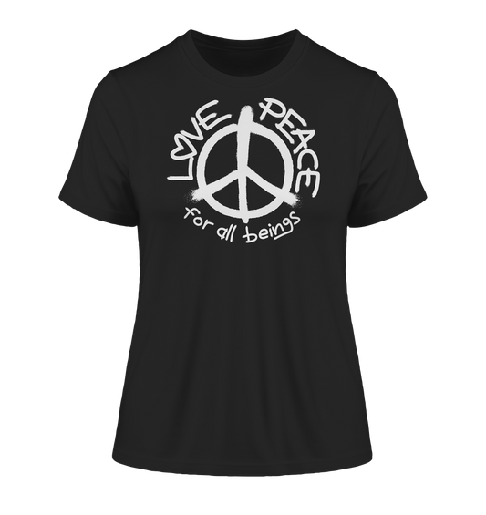 Vegan & Organic Ladies Shirt: Peace Zeichen - LOVE and PEACE for all beings (bedruckt mit Peacezeichen und darum laufende Schrift im Graffitistil, Vegan Merch, Tierschutz, Hippie) in schwarz