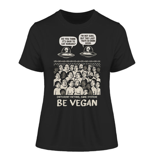 Vegan und Bio Ladies Shirt: Alien Invasion - BE VEGAN! mit Cartoon-Print von Menschen, die zu Nutztieren werden; aus 100% Bio-Baumwolle, enge Passform.