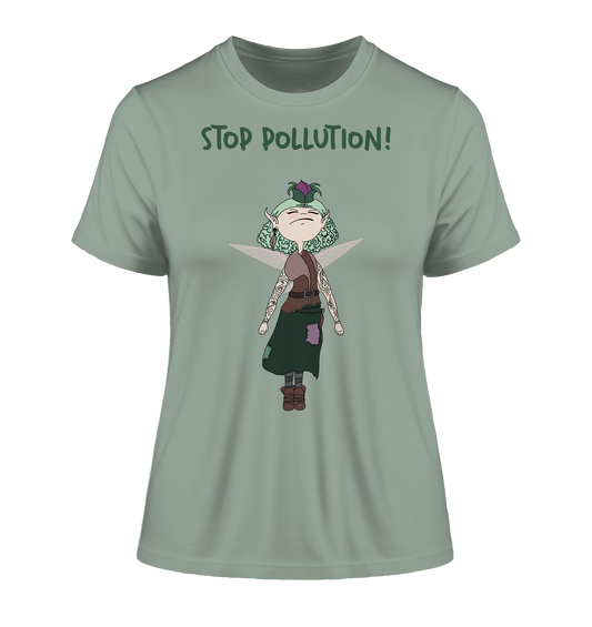 Vegan & Organic - Ladies Shirt: STOP POLLUTION! Krawall Fee (bedruckt mit Waldfee im Comicstil, tätowiert und Schriftzug, Umweltschutz, Naturschutz) in grün