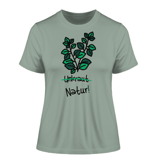 Vegan & Organic Ladies Shirt: Brennnessel - Kein Unkraut, Natur! (bedruckt mit Brennnessel im Doodle Stil in grün und Schriftzug, Umweltschutz, Naturschutz) in grün