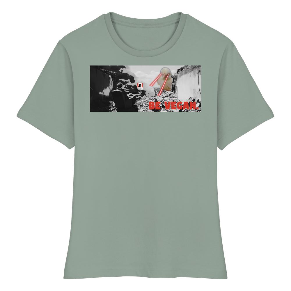 Vegan und Bio Ladies Shirt: BE VEGAN. - Angry bird mit dramatischem Comic-Design, zeigt eine apokalyptische Szene mit Laseraugen-Kreatur, veganer Botschaft, in enger Passform aus Bio-Baumwolle.