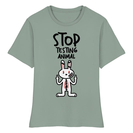 Vegan und Bio Ladies Shirt: Angry Rabbit - Animal Rights mit handgezeichnetem Cartoon-Hasen, der gegen Tierversuche protestiert. Hergestellt aus 100 % Bio-Baumwolle, enge Passform.