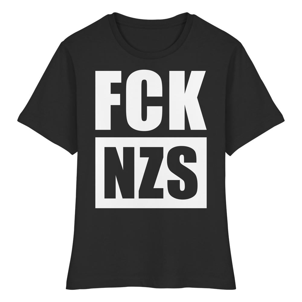 Schwarzes Damen-Shirt mit weißen Blockbuchstaben FCK und darunter NZS in einem weißen Rahmen. Unterstützt den Kampf gegen Rechts. Veganes, bio-zertifiziertes Material von RUDE REBEL.
