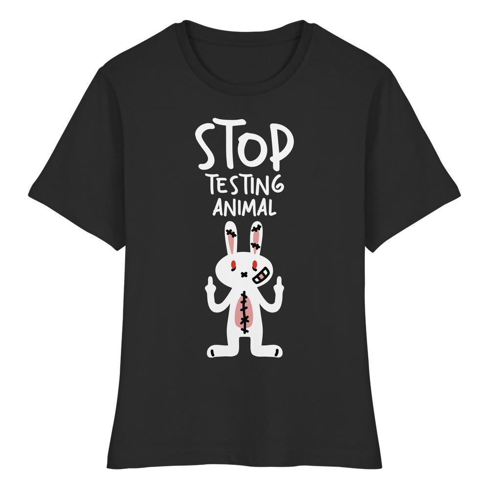 Vegan und Bio Ladies Shirt: Angry Rabbit - Animal Rights, schwarzes T-Shirt mit wütendem Cartoon-Hasen und Anti-Tierversuchs-Slogan, aus Bio-Baumwolle, rebellisches Design von RUDE REBEL.