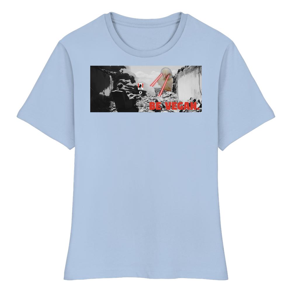 Vegan und Bio Ladies Shirt: BE VEGAN. - Angry bird, mit post-apokalyptischem Motiv und rotem Text BE VEGAN, 100% Bio-Baumwolle, figurbetonter Schnitt.