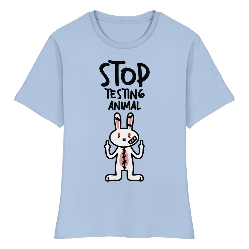 Vegan und Bio Ladies Shirt: Angry Rabbit - Animal Rights, zeigt ein wütendes Cartoon-Hasenmotiv mit Anti-Tierversuchs-Slogan, aus 100 % Bio-Baumwolle, eng geschnitten.