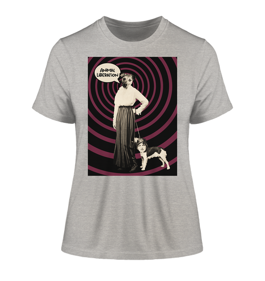 Vegan & Organic Ladies Shirt: Doglady - Animal Liberation (bedruckt mit Frau und Hund an der Leine, aber die Köpfe sind vertauscht, Sprechblase und lila schwarze Spirale im Hintergrund, digitale Collage mit alter Fotografie, Vegan Merch, Veganismus, Tierrechte) in grau meliert