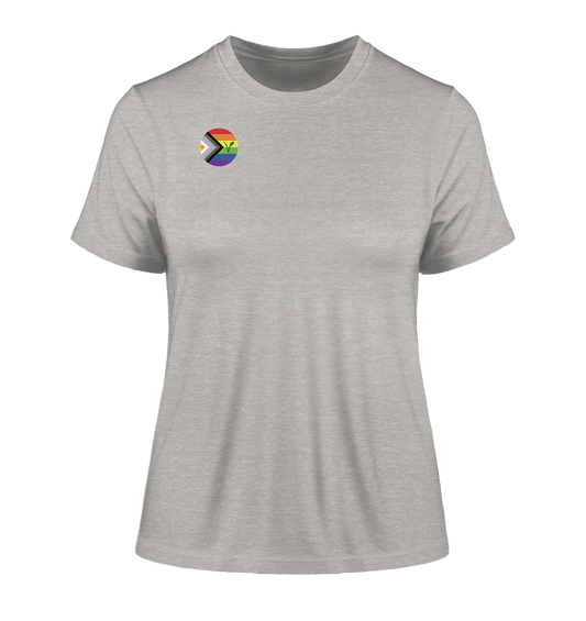 Vegan & Organic Ladies Shirt: LGBTQAI+ Veganismus V (bedruckt mit queer Fahne, rund und großes V in grün, pride merch, vegan merch) in grau meliert