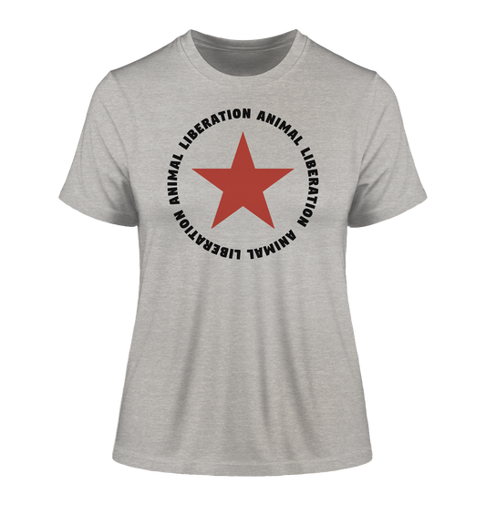 Vegan & Organic Ladies Shirt: Red Star and Animal Liberation (bedruckt mit großem roten Stern und Schriftzug darum, Vegan Merch, Veganismus, Animal Rights) in grau