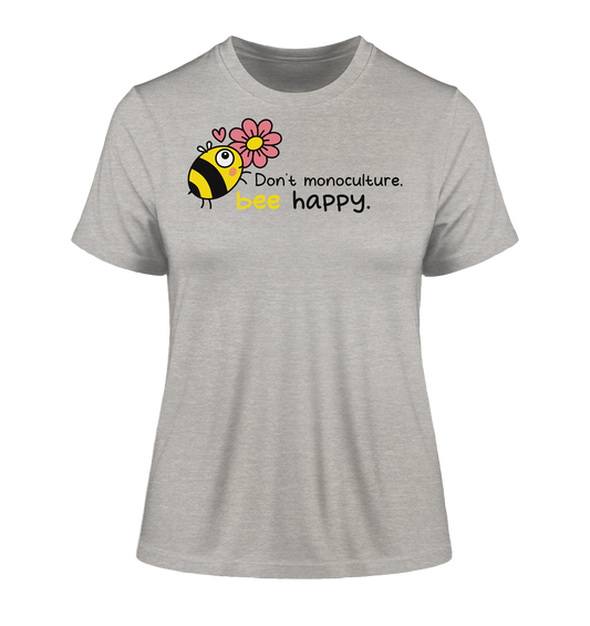 Vegan & Organic Ladies Shirt: Save the bees (bedruckt mit süßer Biene im Comic Stil, kleinem rosa Herz und Blume, Schriftzug, Vegan Merch, Insektenschutz, Rettet die Bienen, Wildbienen schützen, Tierschutz) in grau