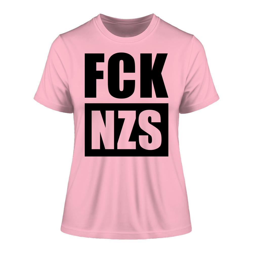 Vegan und Bio Ladies Shirt: FCK NZS, hellrosa, mit schwarzem Slogan gegen Faschismus. Hergestellt aus 100% Bio-Baumwolle, eng anliegend, mit eingesetzten Ärmeln.