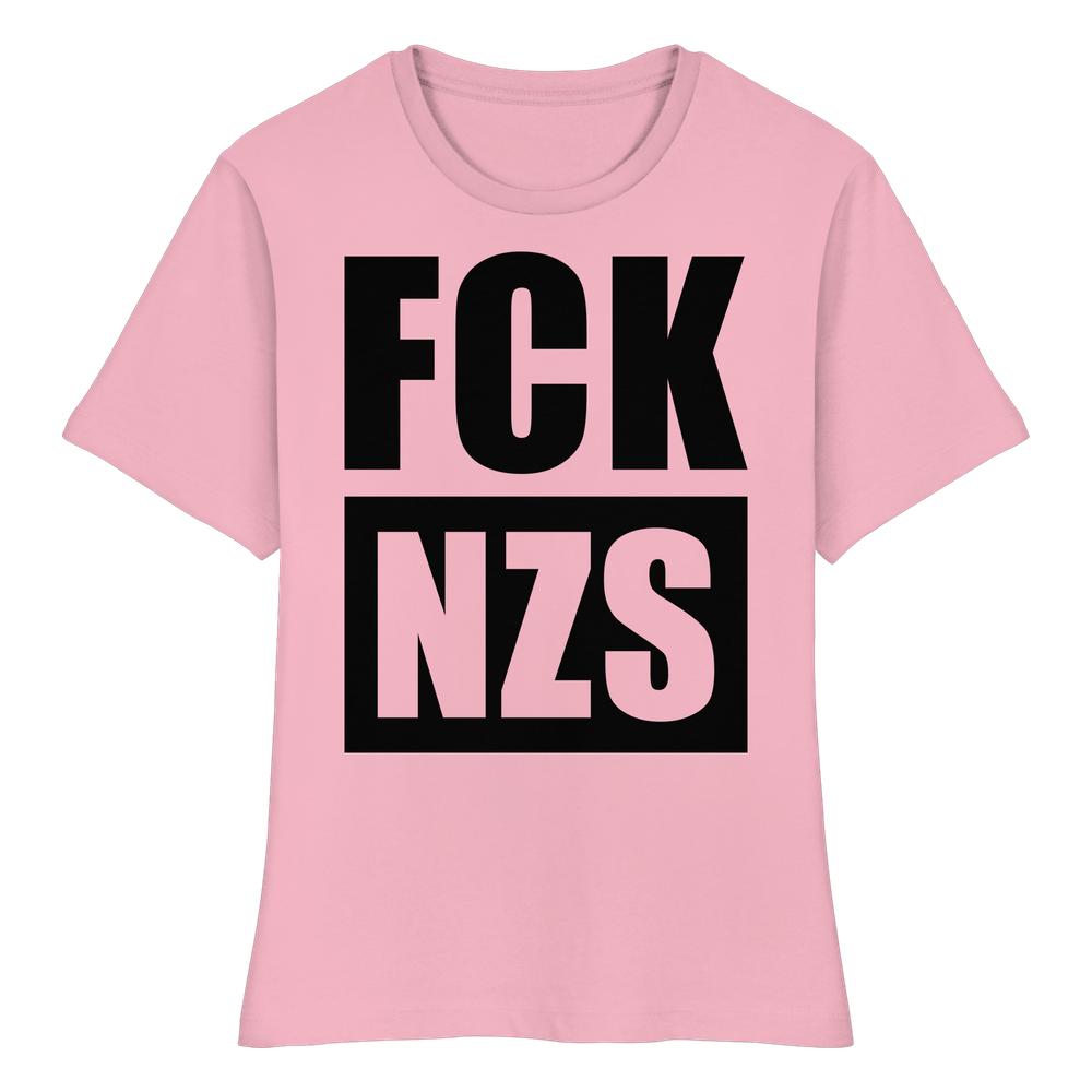 Vegan und Bio Ladies Shirt: FCK NZS, pink mit schwarzem Anti-Nazi-Slogan. Hergestellt aus 100% Bio-Baumwolle, eng geschnitten, von RUDE REBEL.