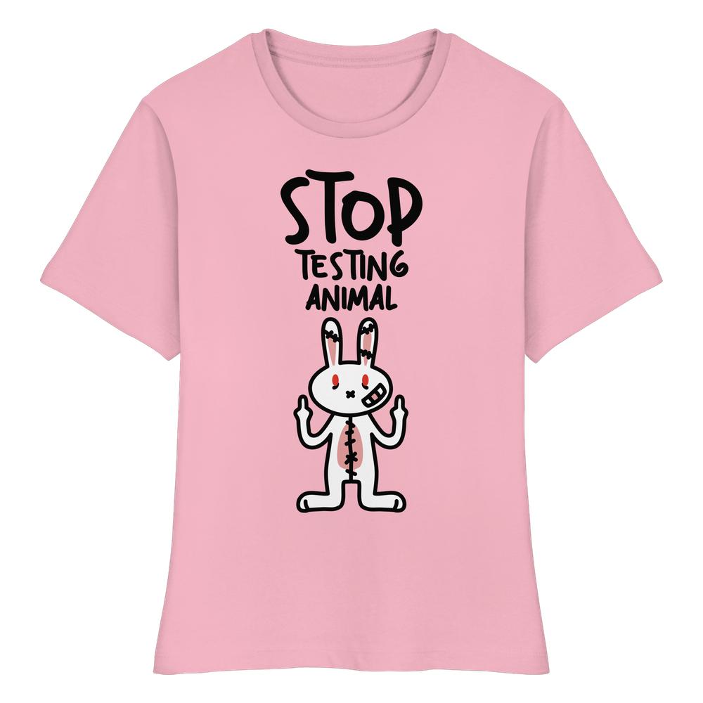 Vegan und Bio Ladies Shirt: Angry Rabbit - Animal Rights, zeigt einen Cartoon-Hasen mit erhobenen Mittelfingern und der Aufschrift “STOP TESTING ANIMAL” als Statement gegen Tierversuche.