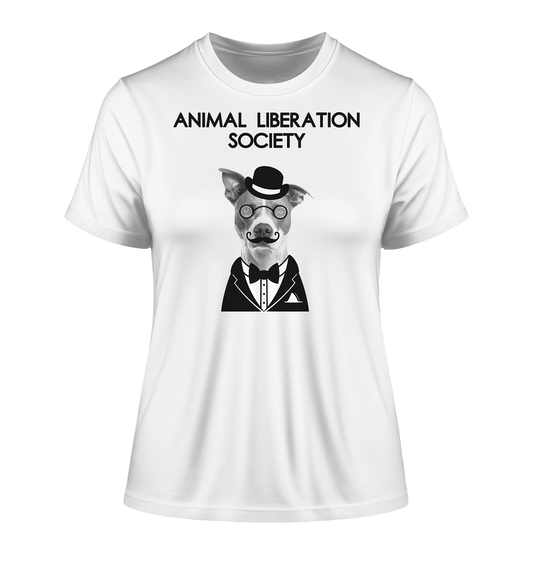 Vegan & Organic Ladies Shirt: Mr. Dog for Animal Liberation Society (bedruckt mit Hundefoto, wie ein feiner Herr gestylt mit Anzug und Hut und Schriftzug, Veganismus, Vegan Merch, Tierschutz) in weiß