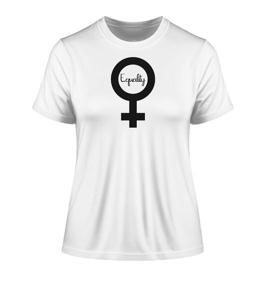 Vegan & Organic Ladies Shirt: Feminismus - Der Kampf um Gleichberechtigung (bedruckt mit Weiblichkeitssymbol Venus in der Mitte Schriftzug Equality in Schreibschrift, Feminismus Merch, feministische Kleidung, Matriarchat) in weiß