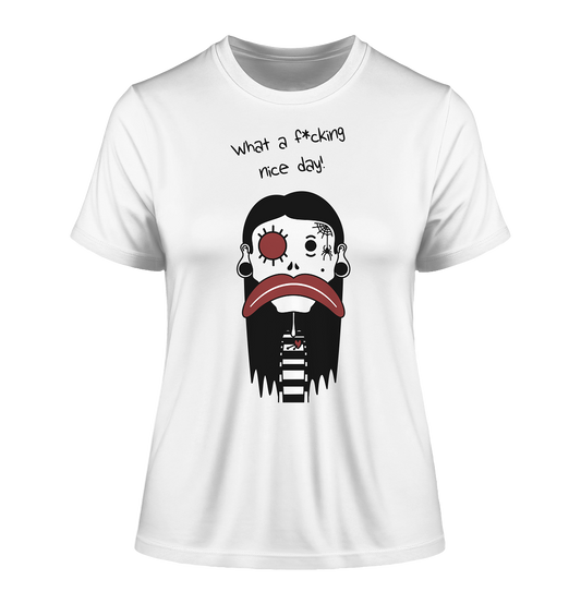 Vegan & Organic Unisex Shirt: Emo Girl im Gothic Style (bedruckt mit Gothic Motiv, Skelett - Mädchen in schwarz, weiß und rot, mit riesigem traurigen Mund, Mental Health, Depressionen, Bad Day Shirt) in weiß