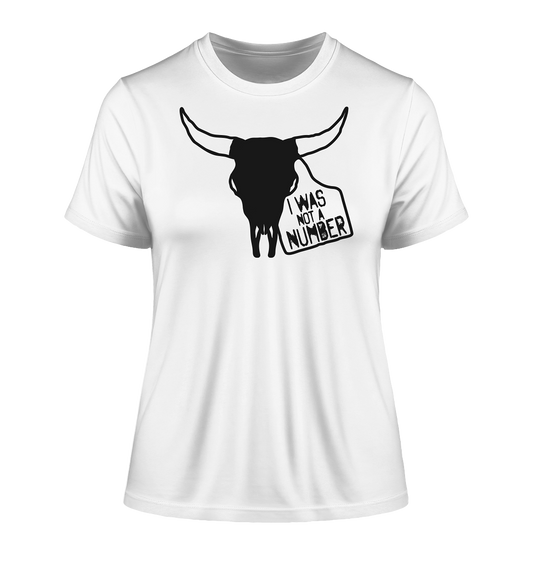 Vegan & Organic Ladies Shirt: Animal Rights - I was not a number ( bedruckt mit Schädel vom Stier und Nummernschild mit Schriftzug, Gegen Massentierhaltung, Tierrechte, Veganismus, Vegan Merch) in weiß