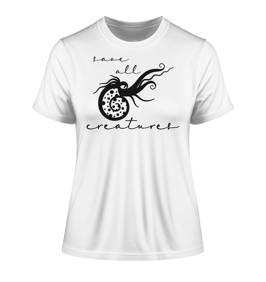 Vegan & Organic Ladies Shirt: Water snail - Save All Creatures (bedruckt mit lässiger Wasserschnecke, Rettet die Meere, Meereslebewesen, Naturschutz) in weiß