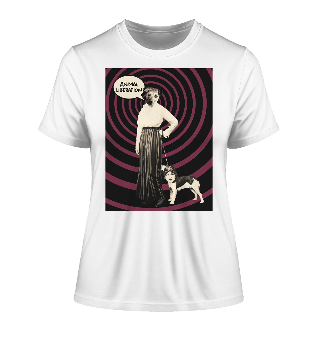 Vegan & Organic Ladies Shirt: Doglady - Animal Liberation (bedruckt mit Frau und Hund an der Leine, aber die Köpfe sind vertauscht, Sprechblase und lila schwarze Spirale im Hintergrund, digitale Collage mit alter Fotografie, Vegan Merch, Veganismus, Tierrechte) in weiß