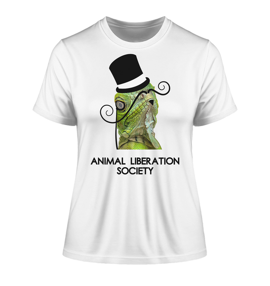 Vegan & Organic Ladies Shirt: Sir Reptile for Animal Liberation Society (bedruckt mit Reptil, welches Zylinder, Bart und Monokel trägt und Schriftzug, Vegan Merch, Tierrechte, Tierschutz, Artenschutz) in weiß