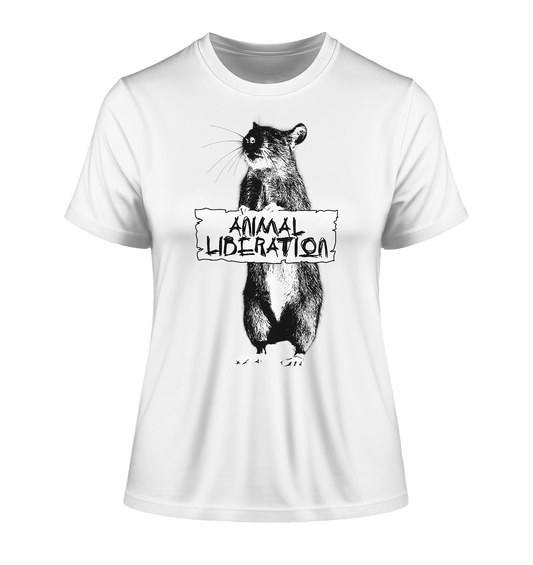 Vegan & Organic Ladies Shirt: Rat for Animal Liberation (bedruckt mit Ratte, die ein Schild trägt, Tierrechte, Tierschutz, Banksy Style, Vegan Merch) in weiß