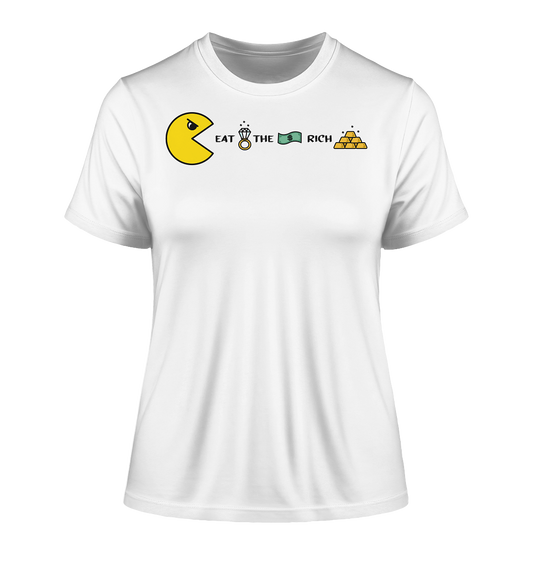 Vegan & Organic Ladies Shirt: PAC-MAN - Eat the rich (bedruckt mit PAC-MAN, der einen Diamantring, Geldschein und Goldbarren + Schriftzug isst, das Design befindet sich zwischen Hals und Brust) auf weiß